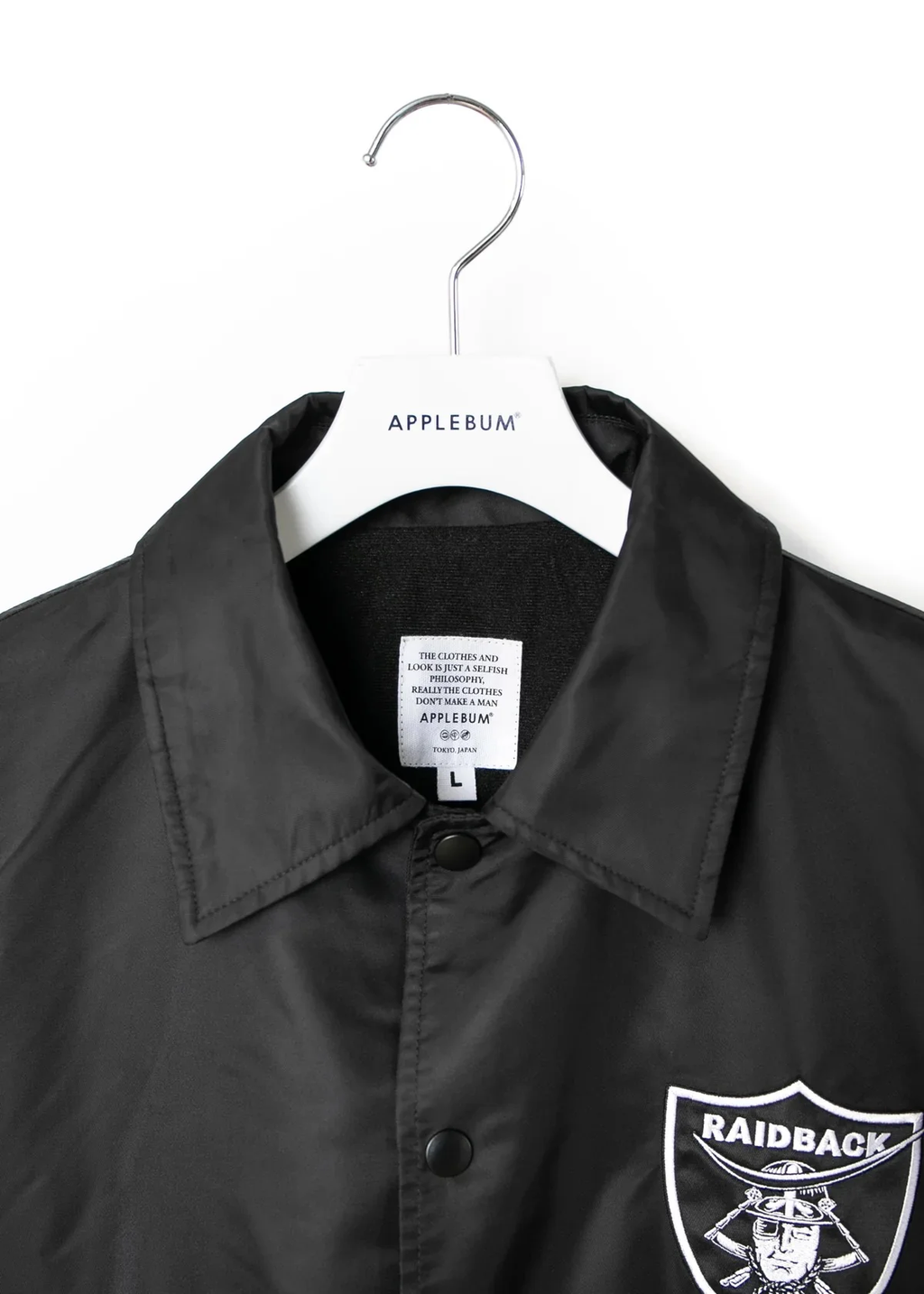 APPLEBUM raidback fabric コーチジャケット ナイロンジャケット メンズ ストリート バックプリント 　ブラック　　首元