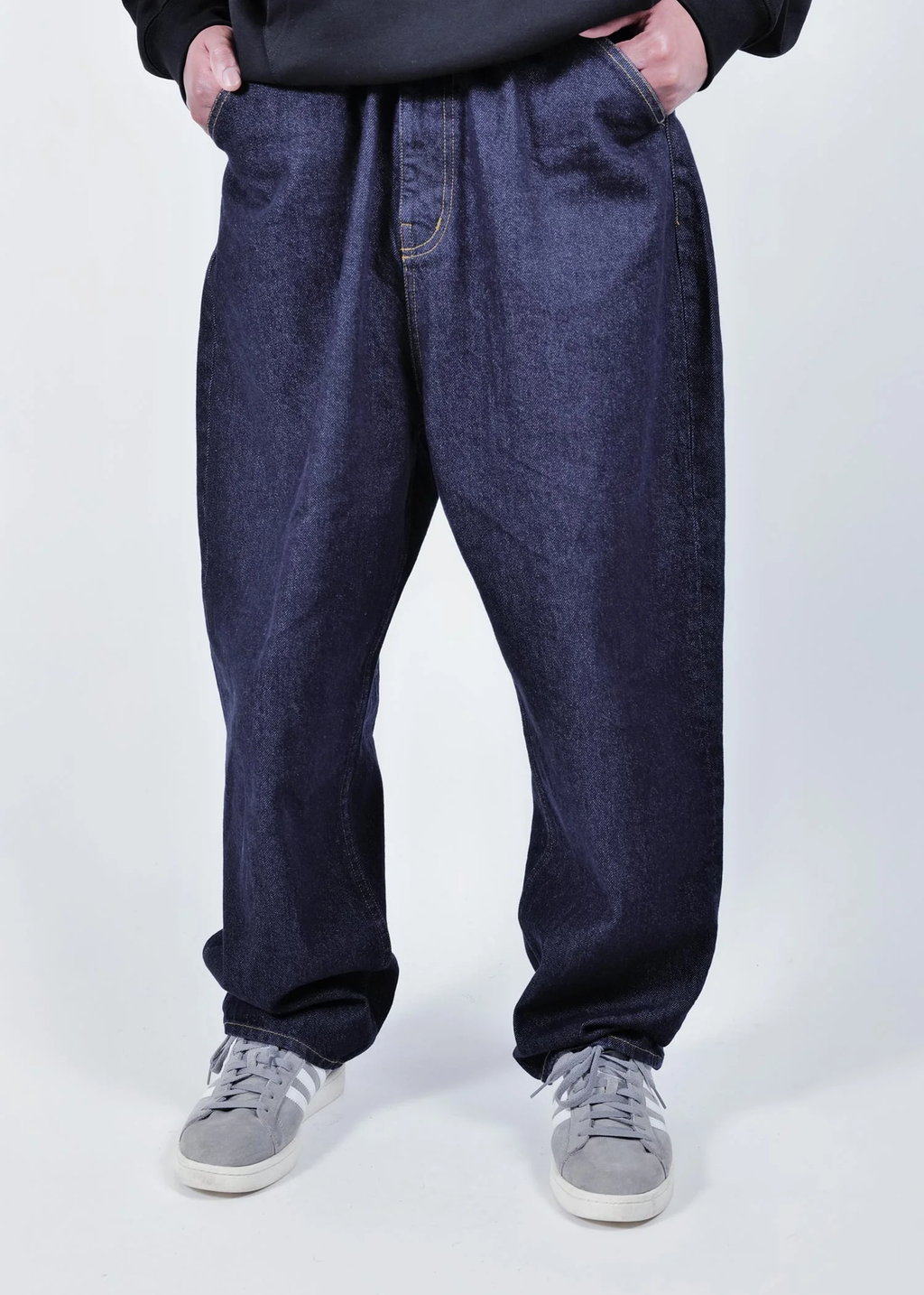 APPLEBUM Selena ワイドテーパード デニムパンツ メンズ 12oz ストレッチ ジーンズ インディゴ　着用イメージ　正面