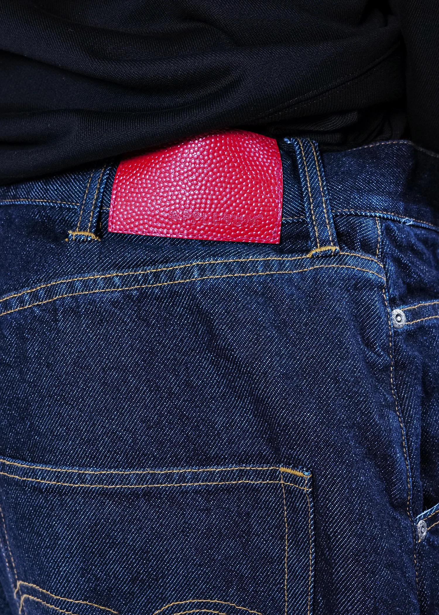 APPLEBUM Selena ワイドテーパード デニムパンツ メンズ 12oz ストレッチ ジーンズ インディゴ　パッチ　拡大