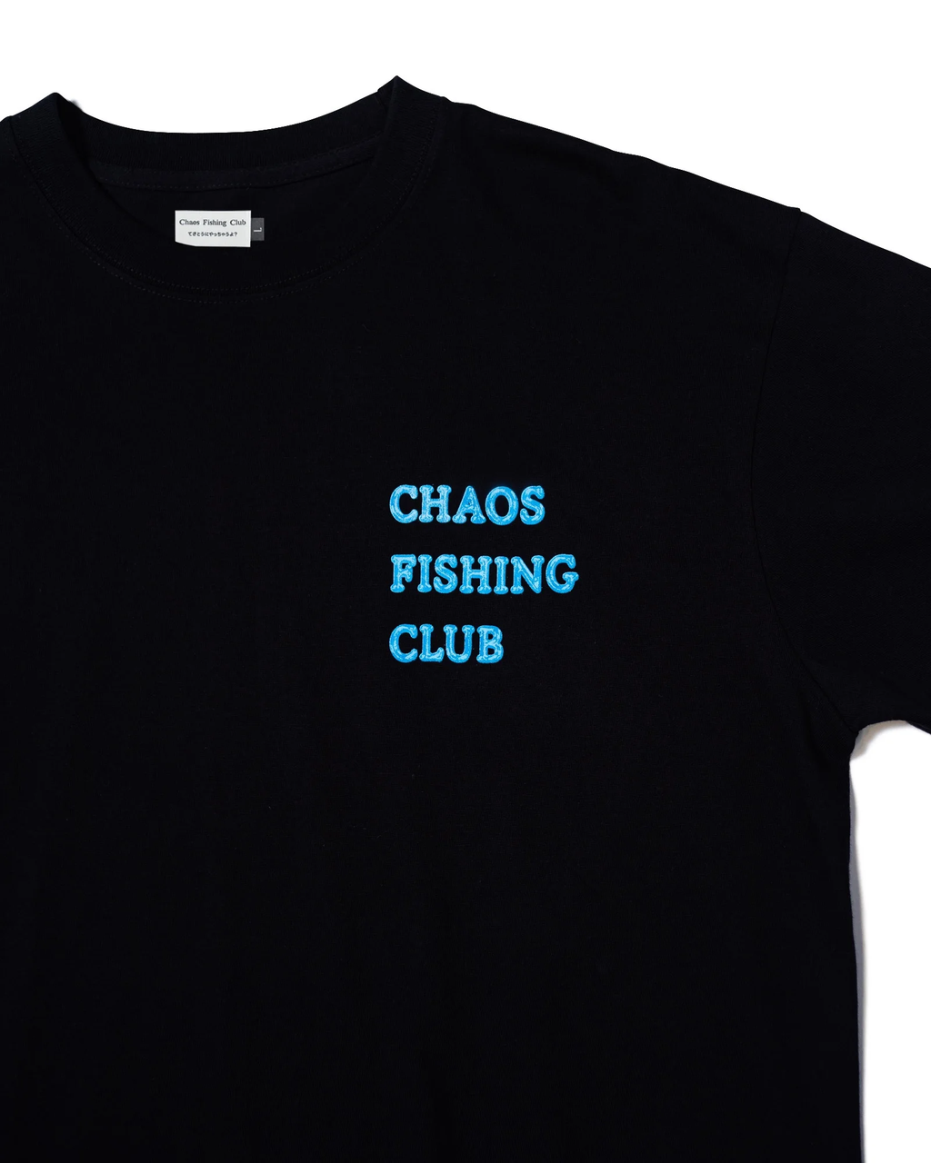 CHAOS FISHING CLUB ロゴTシャツ メンズ バックプリント 6.2oz コットン 半袖 ブラック　胸元　ロゴ