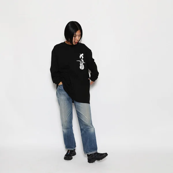 LUNKER KILLER MASATO MAEKAWA COEXISTENCE オーバーサイズ ロングスリーブTシャツ メンズ グラフィック ロンT　ブラック　着用イメージ