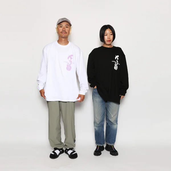 LUNKER KILLER MASATO MAEKAWA COEXISTENCE オーバーサイズ ロングスリーブTシャツ メンズ グラフィック ロンT　ホワイト　ブラック　着用イメージ