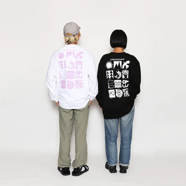 LUNKER KILLER MASATO MAEKAWA COEXISTENCE オーバーサイズ ロングスリーブTシャツ メンズ グラフィック ロンT　ホワイト　ブラック　着用イメージ　背面