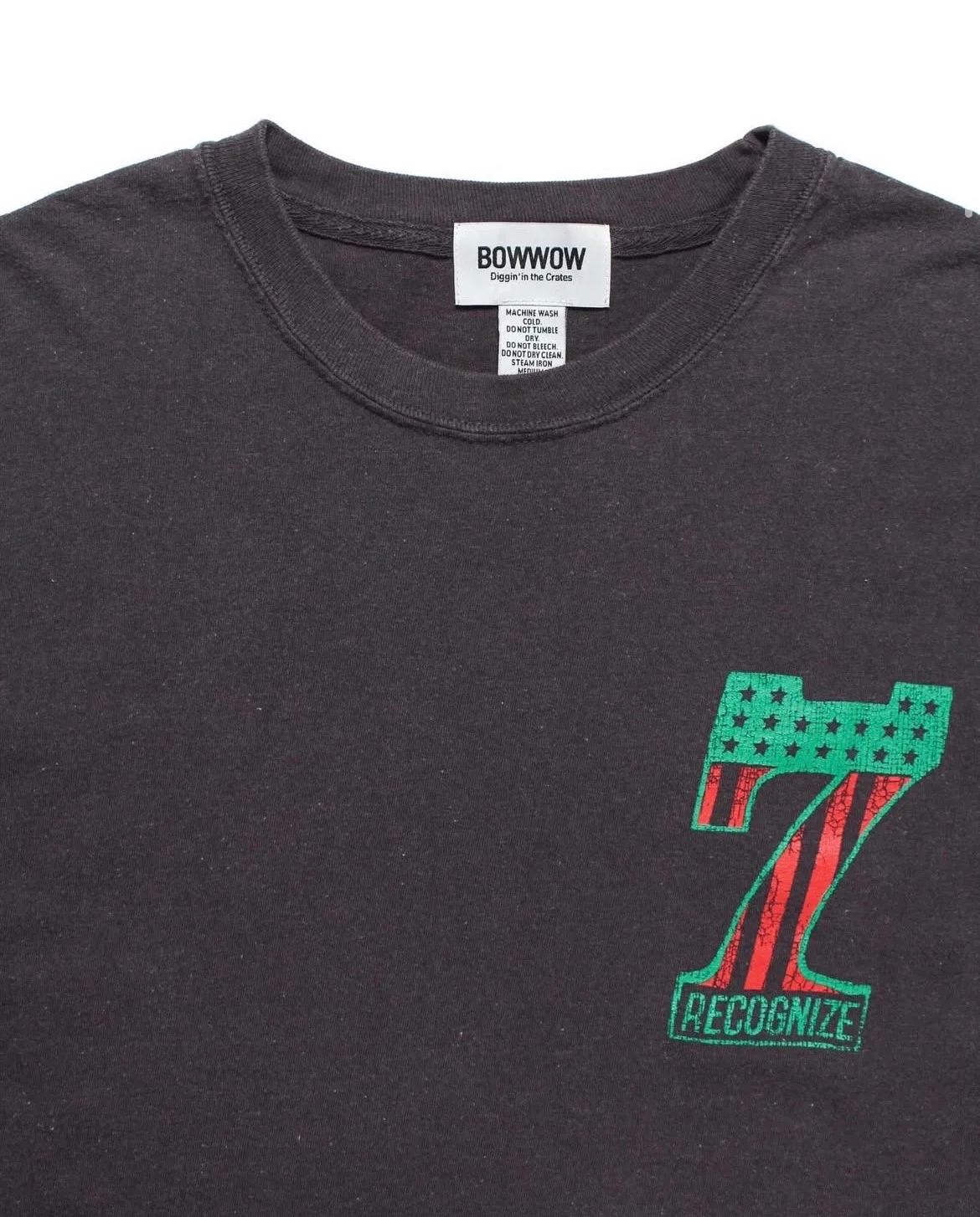 * BOW WOW × RECOGNIZE コラボTシャツ メンズの正面拡大画像、全体の生地感をビンテージ風に加工されており、色褪せた感じが渋い風合いを演出している