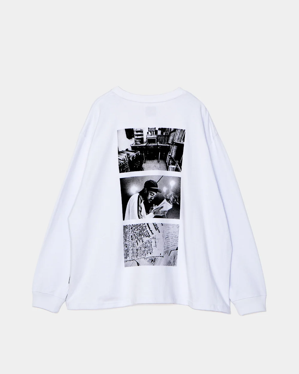 音楽制作 モノクロフォト グラフィック ロングTシャツ　ホワイト