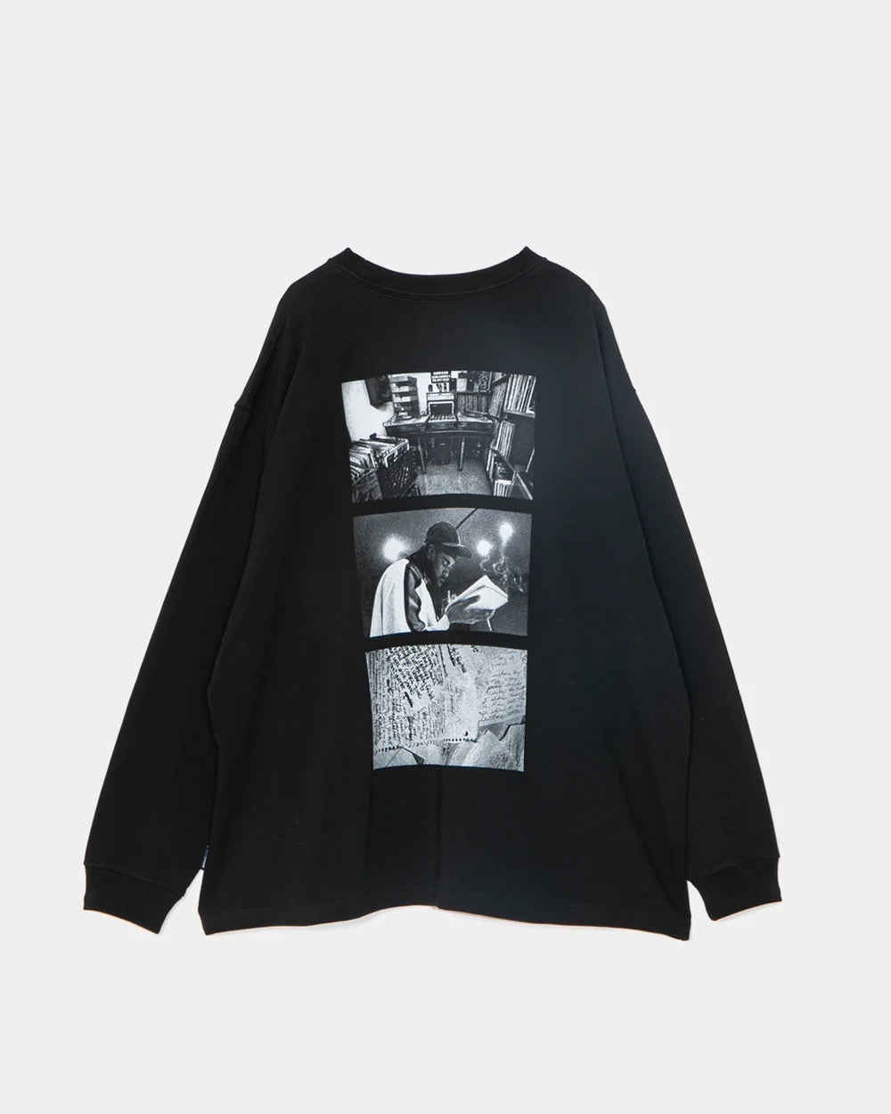 音楽制作 モノクロフォト グラフィック ロングTシャツ　ブラック　バックスタイル