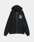 APPLEBUM STRICTLY UNDERGROUND ジップフーディ　ブラックの正面。左胸にスピーカーモチーフのエンブレムロゴを配置。　
