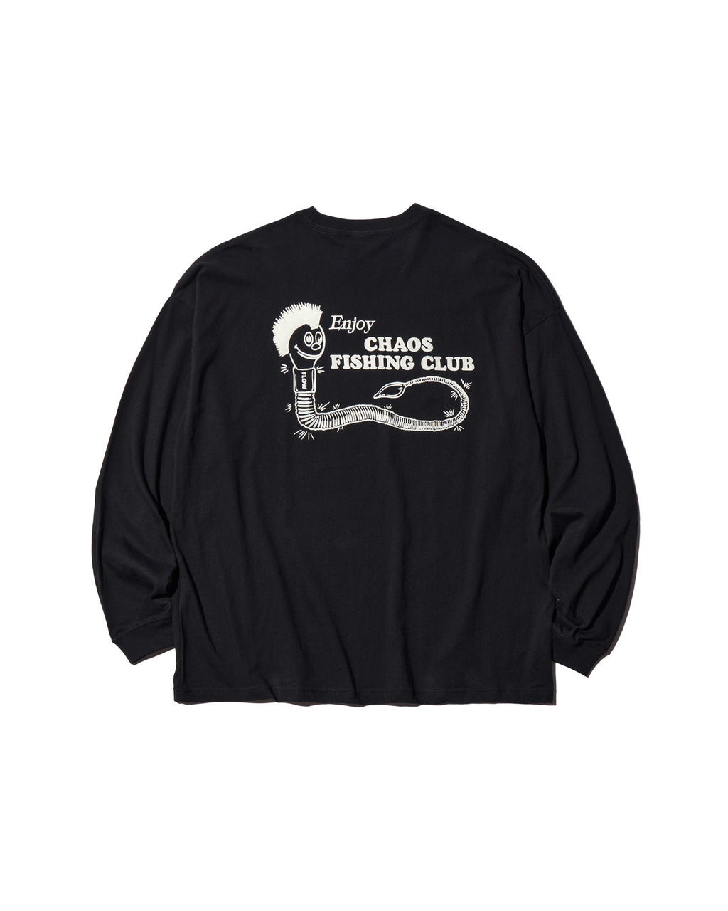 Wormkun T-Shirt L/S Blackの背面。ゆったりとしたシルエットにワーム君のバックプリントが施されたコットンロングスリーブTシャツ。